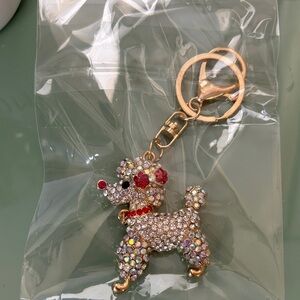 Crystal Poodle Keychain - Gold Tone with Clear & Red Rhinestones